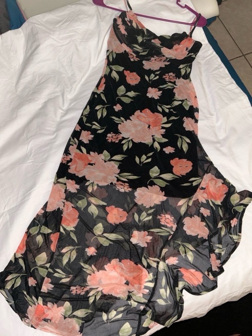 Black Maxi Slip Dress with Coral Floral Print